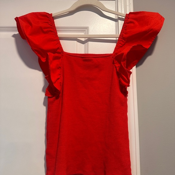 Red Ruffle Sleeve Ribbed Top - Picture 3 of 4